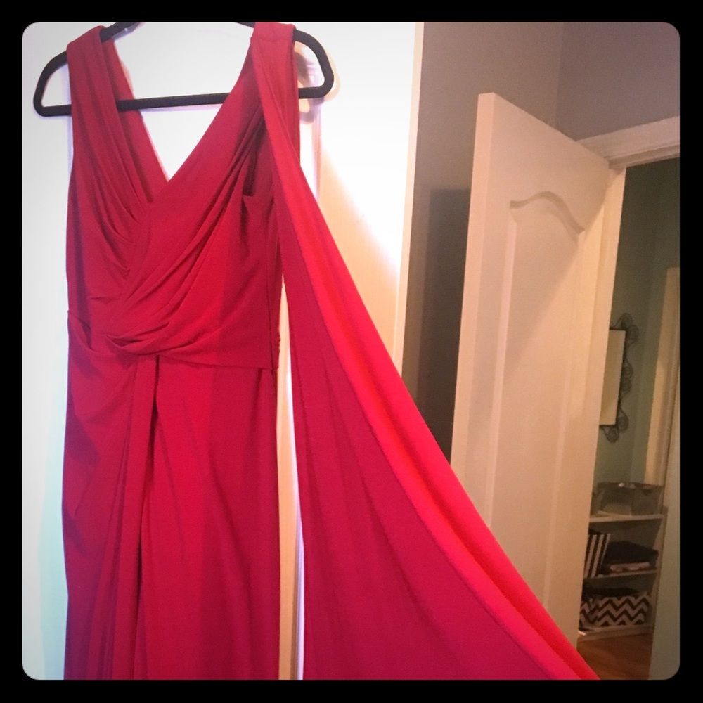 Beautiful RED long evening gown with attached half cape
